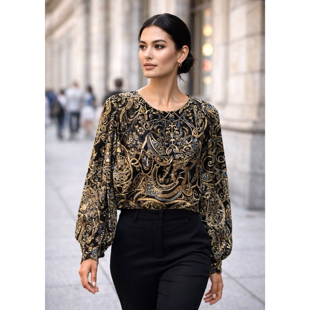 H&M Baroque Goth Floral Paisley Anchor Top 6 Black Gold Long Sleeve Crepe Blouse